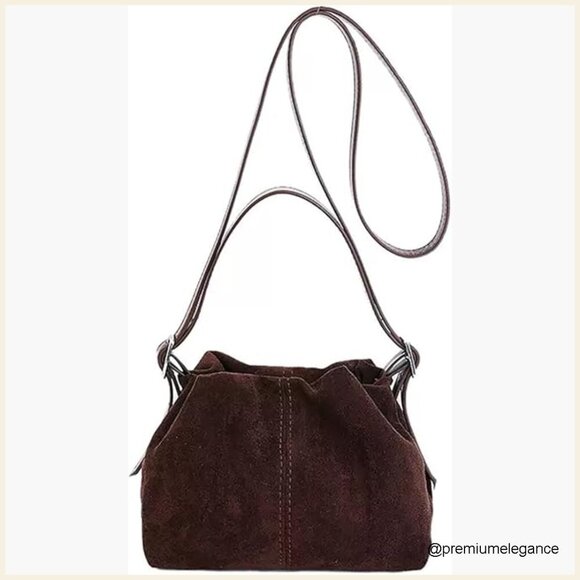 Handbags - Vintage Faux Suede Drawstring Bucket Bag with 3 Interchangeable Straps
